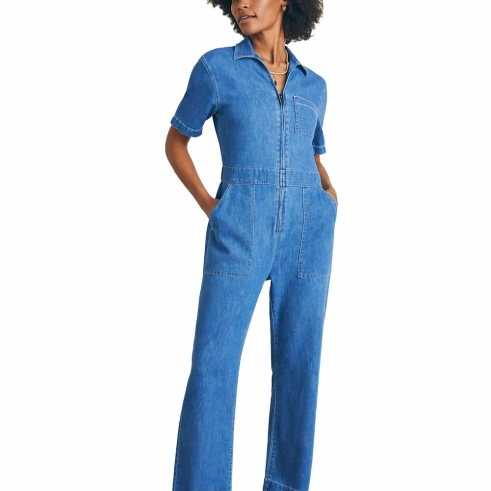 Faherty Blue Denim Organic Cotton Zip Front Short Sleeve Jumpsuit Womens Size 00